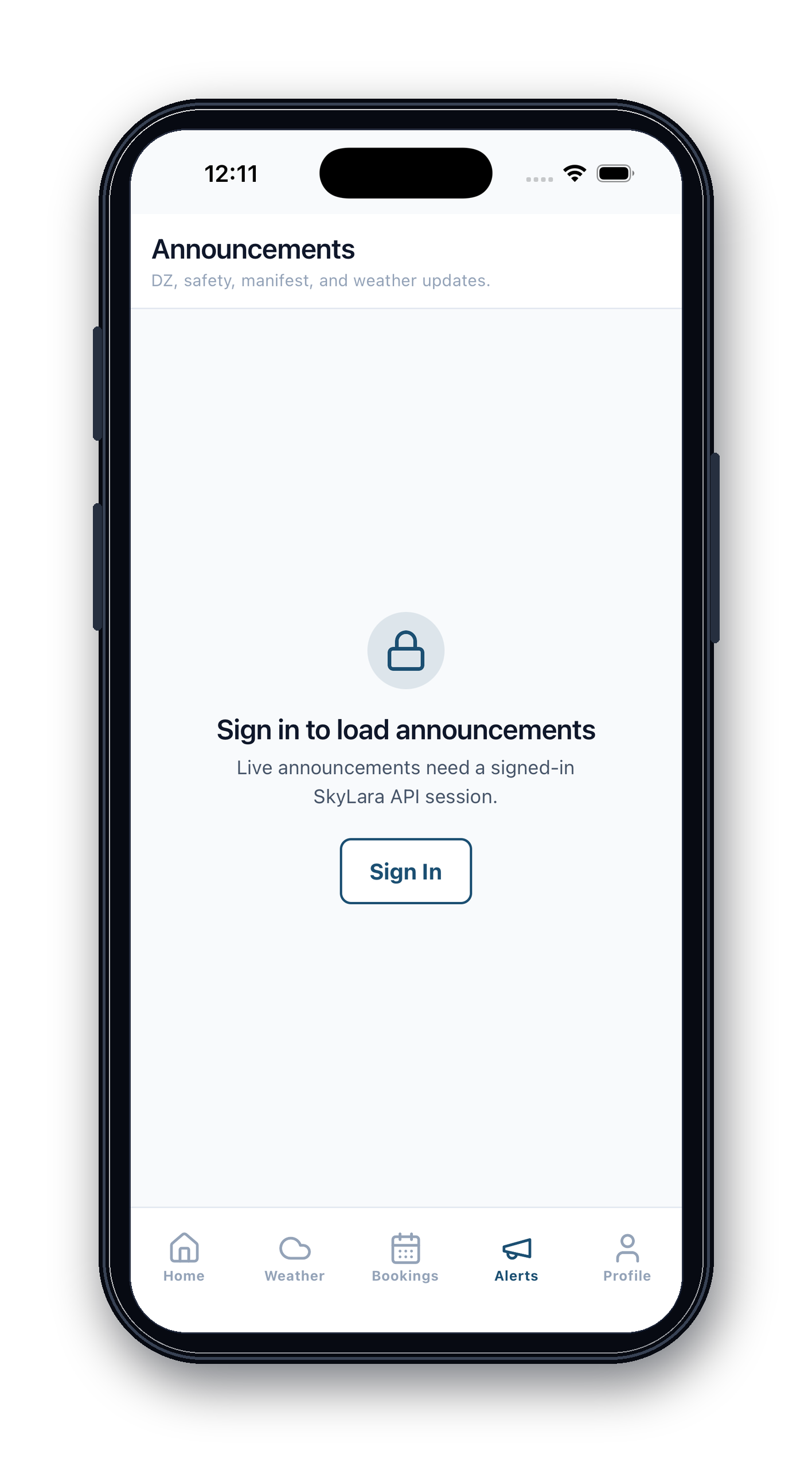 SkyLara mobile announcements and alerts iPhone mockup.