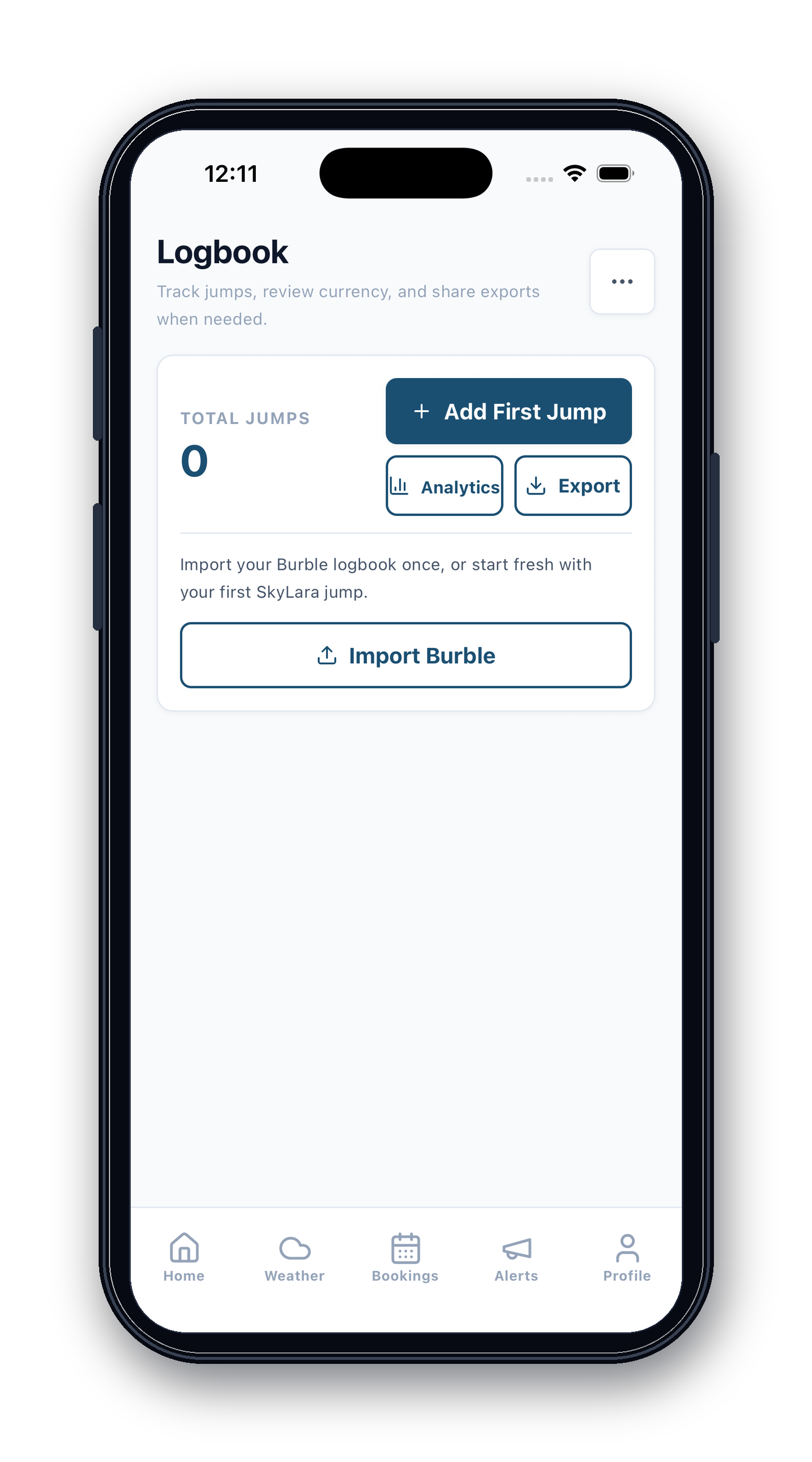 SkyLara mobile logbook screen iPhone mockup.