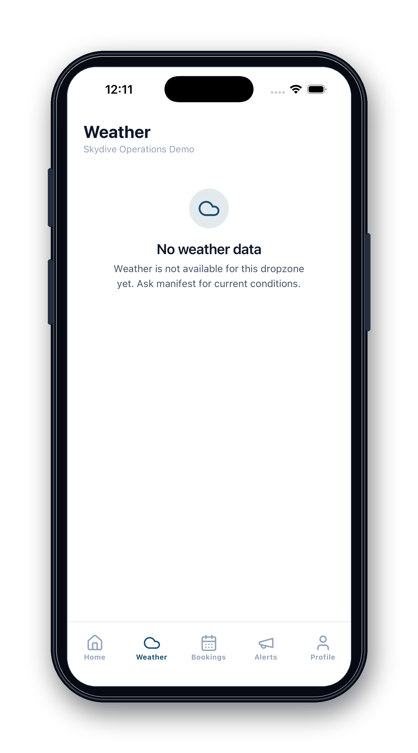 SkyLara mobile weather screen iPhone mockup.
