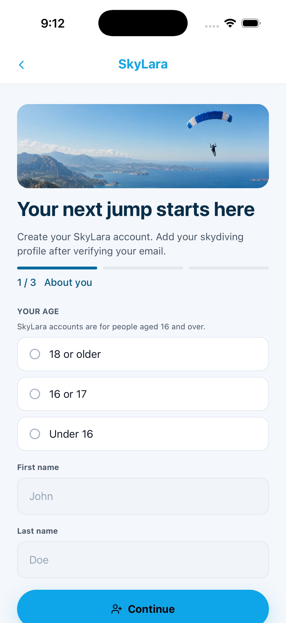 SkyLara app: Create your account